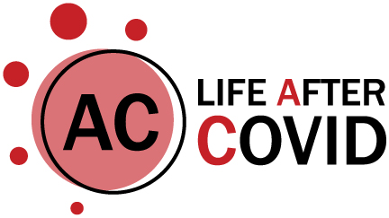 Black and red text reads 'Life After COVID' in all caps. On the left, a large circle with black stroke and pink fill has the letters 'AC' on the inside. On the left side of the circle are four smaller red circles of varying sizes.