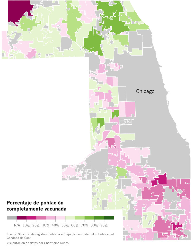 A choropleth map of suburban Cook County in a diverging color scale from pink to green. This map shows the percent of residents that are fully vaccinated.
